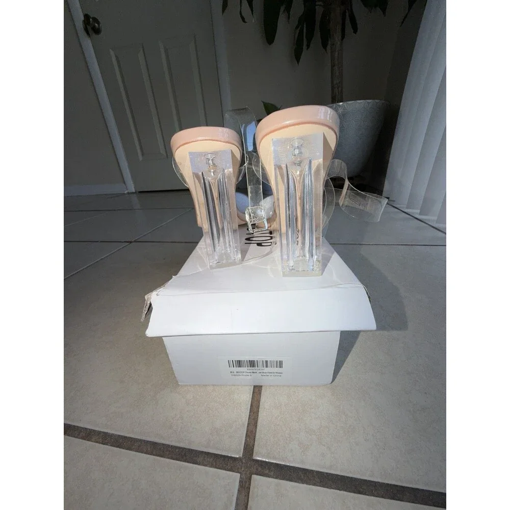 Redtop Clear Strap Nude Slide Sandals Square Open Toe Stiletto Heels Size 9